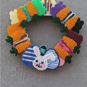 Handmade Multi Colored Easter Plastic Canvas Wreath Bunny Carrots Eggs